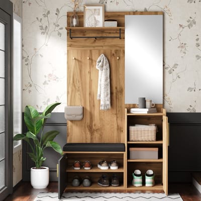 MODFU - Compact Garderobeset - Met Spiegel, Zitbank En Schoenenkast - Modern - Voor Hal - Spaanplaat - Zwart En Naturel - 100 X 38 X 185 Cm