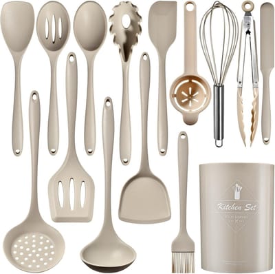 Tehtuy Siliconen Keukengereedschap Set - 15-delig Hittebestendig Tot 220°C - BPA-vrij Voedselveilig - Antislip & Vaatwasserbestendig - Kaki