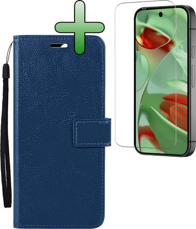 Hoesje Met Screenprotector - Geschikt voor Google Pixel 9 - Luxe Pasjeshouder - Bookcase Portemonee - Flip Case - Kunstleer Book Case - Flipcase - Book Cover - Walletcase - Portemonneehoes - Donkerblauw