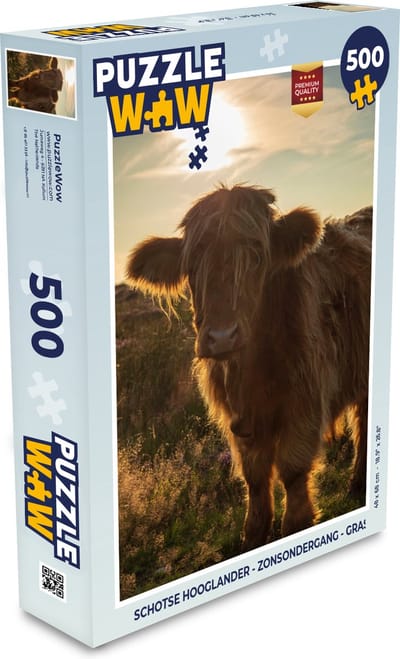 Puzzel Schotse Hooglander - Zonsondergang - Gras - Legpuzzel - Puzzel 500 stukjes