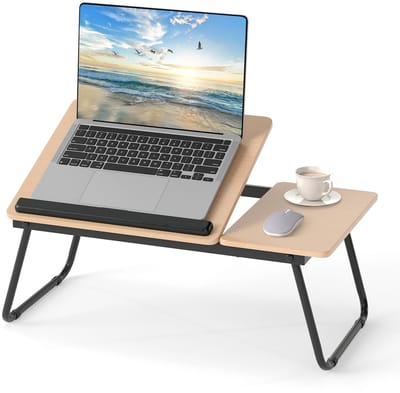 COSTWAY Laptoptafel, inklapbaar, 4-voudig in hoogte verstelbaar, bedtafel, notebooktafel, opvouwbaar, beddienblad, laptoptafel, werktafel van MDF, metaal, tafel voor bed, sofa, vloer, 55 x 32 x 23 cm