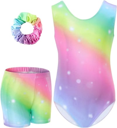 Mouwloze 3-delige turnpakjes voor meisjes, sprankelende dansoutfits met korte broek en balletbiketards voor 6-7 jaar