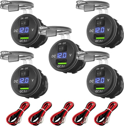 ProRide 12V USB Wandcontactdoos Inbouw - 1 USB Poort - Voltmeter - 5V/2.4A - Blauw - Kabel en Zekering - 5 stuks