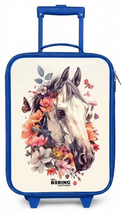 NoBoringSuitcases.com® - Kinderkoffer blauw - Kindertrolley jongen - Wit paardenhoofd omringd door bloemen en vlinders - Koffer kind lichtgewicht - Reiskoffer trolley voor kinderen - Koffertje met lichtgevende wieltjes - Rolkoffer