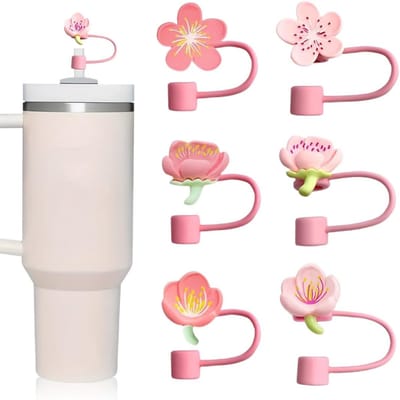 6 stuks roze rietjeshoezen voor stanley 40, 90 ml, bloemen, siliconen rietjesafdekking, roze rietjes, doppen