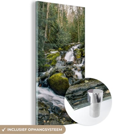 MuchoWow® Glasschilderij 20x40 cm - Schilderij acrylglas - Natuur - Waterval - Bomen - Herfst - Foto op glas - Schilderijen