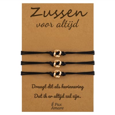 Vriendschapsarmbandjes voor 3 "Zussen voor altijd" - Knoopjes - Sisters Armbandjes met Cadeau Kaartje - Goudkleurig - Elastisch Verstelbaar - Pax Amare