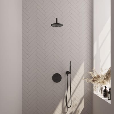 Brauer Black Carving thermostatische inbouw regendouche 3-weg rond SET 75 met 20 cm douchekop en gebogen muurarm en staaf handdouche en doucheslang en wandaansluitbocht mat zwart