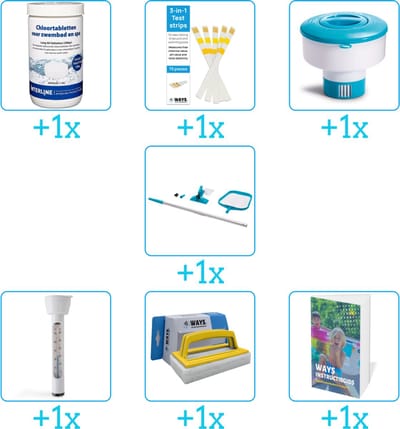 Zwembad Onderhoudspakket - Onderhoud Zwembad - bevat Chloor - Testrips - Chloordrijver - Schoonmaakset - Thermometer - Scrubborstel en Zwembadgids (7-delig)