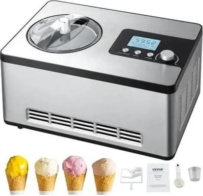 FIBILA Automatische Ijsmachine met Ingebouwde Compressor - Ijsmaker zonder Voorvriezen - Sorbet maker - Yoghurtmaker - 2 Liter Capaciteit - LCD Display - 180W Vermogen - Geluidsarm, Eenvoudige Bediening - Recepten Inbegrepen