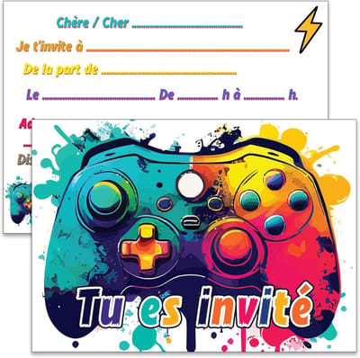 12 uitnodigingen voor kinderverjaardag, gaming-thema, A6, kleurrijke kaarten in het Frans