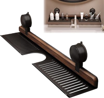 Wastafelrek over kraan met zuignap, hangend badkamerrek voor optimale ruimtebesparing, houten kraanorganizer zonder boren, 40 cm zwart
