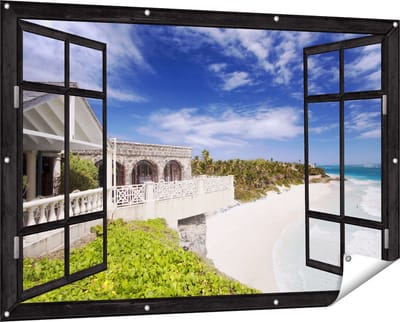 Gards Tuinposter Doorkijk Het Strandhuis - 150x100 cm - Tuindoek - Tuindecoratie - Wanddecoratie buiten - Tuinschilderij
