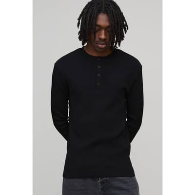 Muscle Fit geribbeld Henley T-shirt met Henley-hals | Black | Size Large