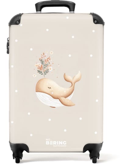 NoBoringSuitcases.com® - Kinderkoffer - Kindertrolley jongen en meisje - Beige walvis in bloemenzee - Handbagage koffer lichtgewicht - Reiskoffer trolley kinderen - Rolkoffer met wieltjes - Past binnen 55x40x20 en 55x35x25