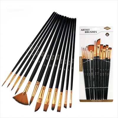 Ensemble de 12 Pinceaux en Poils de Nylon, Pinceaux Plats en Nylon, Pinceaux pour Aquarelle, Peinture à l'Huile, Artistes, Peinture Acrylique pour Amateurs