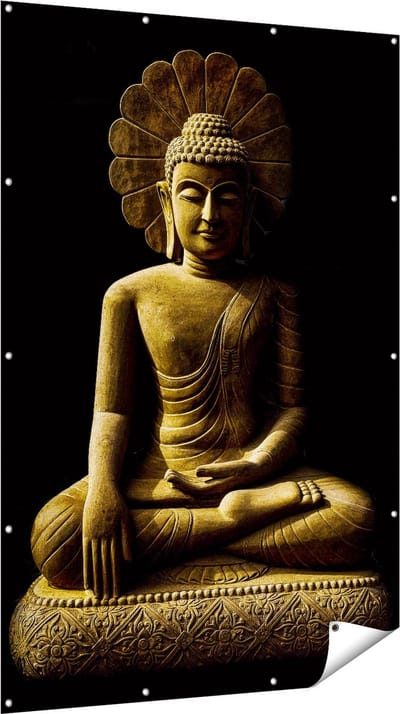 Gards Tuinposter Gouden Boeddha Beeld in Meditatie - 120x180 cm - Tuindoek - Tuindecoratie - Wanddecoratie buiten - Tuinschilderij