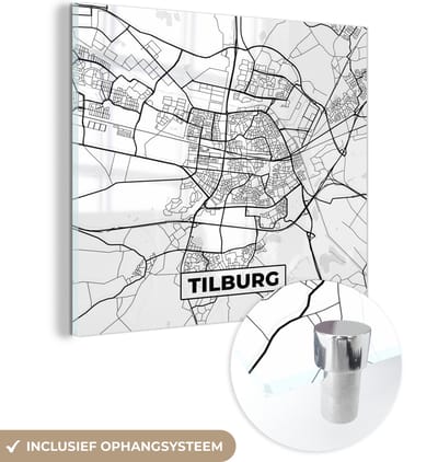 MuchoWow® Glasschilderij 50x50 cm - Schilderij acrylglas - Kaart - Tilburg - Zwart - Wit - Foto op glas - Schilderijen