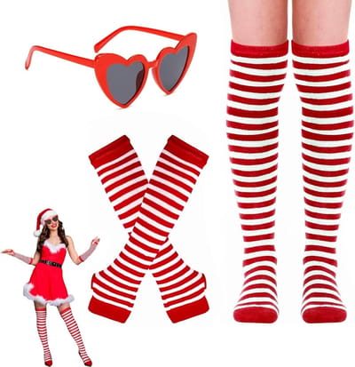 Vingerloze Handschoenen voor Dames met Rood-Witte Strepen - Accessoires voor Carnaval met Oogmasker - Set van 3 Stuks voor Feestelijke Gelegenheden