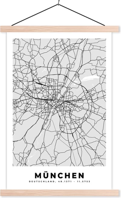 Posterhanger incl. Poster 40x60 cm - Schoolplaat - Plattegrond - München - Kaart - Stadskaart - Duitsland - Textielposter - Blanke latten - Stadskaart