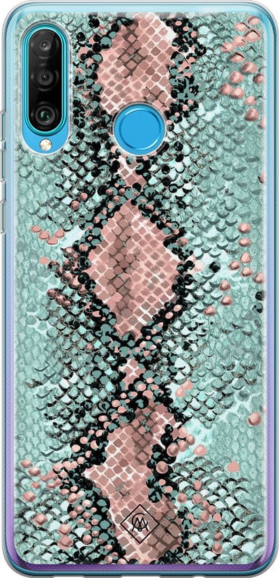 Casimoda® hoesje - Geschikt voor Huawei P30 Lite - Slangenprint pastel mint - Siliconen/TPU - Soft Case - Mint - Slangenprint
