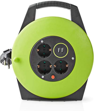 Kabelhaspel 10 meter - 3000W - 3x Schuko - 2x USB - 16A - Zijkontaard - 90° - Rubber - Met kinderveiligheid - NEDIS