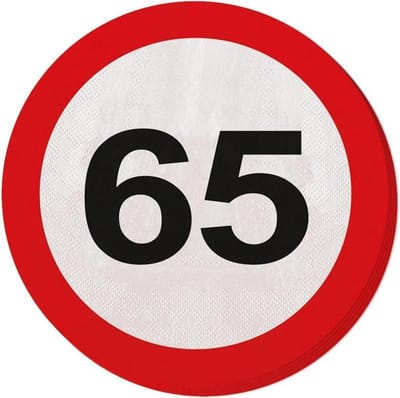 40x 65 jaar leeftijd themafeest servetten verkeersbord 33 cm rond - Vijfenzestigste/65e verjaardag papieren wegwerp tafeldecoraties