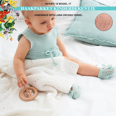 Haakpakket deken-kinderdekentje-kado-kraamcadeau - granny square met Ecopuno garen model 17 van Infanti 18-perzik