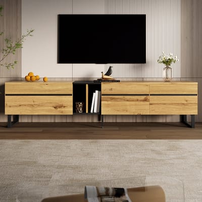 TV-meubel 180 cm, Met Klapdeur en Open Vakken, Minimalistisch Design, Multifunctioneel Lowboard voor de Woonkamer