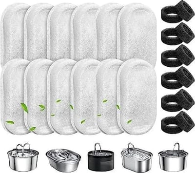 Filterpatronen voor drinkfonteinen voor katten en honden, 24 vervangingspatronen waaronder 12 actieve koolpatronen en 12 sponspatronen, geschikt voor roestvrijstalen drinkfonteinen van 2L/3,2L/4L.