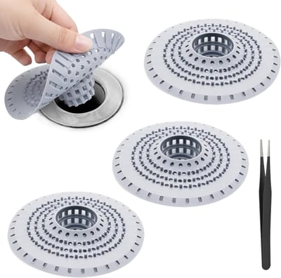 Afvoerzeef Set - Keuken Douche Haarvanger - Verstopping Voorkomen - Flexibel Siliconen Materiaal - 3 Stuks + Pincet - Grijs