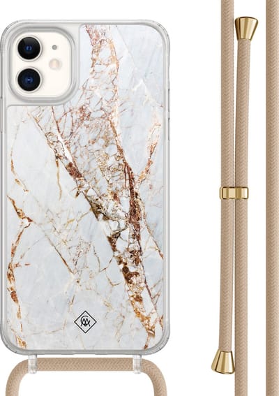 Casimoda® hoesje met beige koord - Geschikt voor iPhone 11 - Marmer Goud - Afneembaar koord - TPU/acryl - Goudkleurig