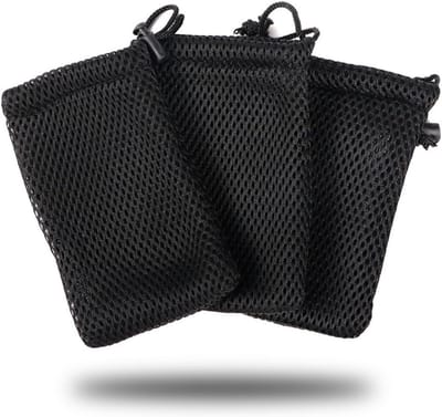 SnelShoppen - 3 Stuks Zwarte Trekkoord Mesh Tas - Dikke Nylon Opbergzak - Voor Mini Spullen zoals MP3, Oplader, Hoofdtelefoon, Sleutels - Ideaal voor