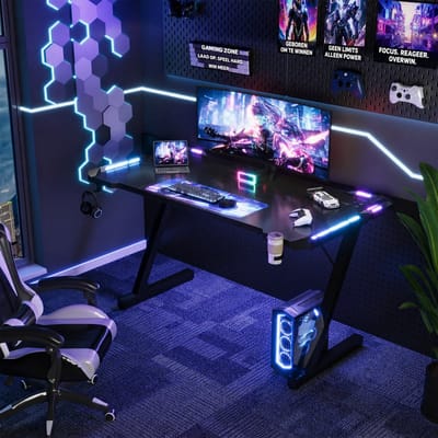 Devoko Gaming Bureau 120x60x75 cm - Carbon Look Bureau met LED Verlichting en Touch-bediening - 100 kg Draagvermogen - Bekerhouder en Koptelefoonhaak - Zwart