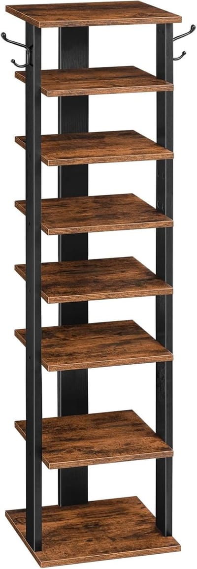 Famanu Schoenenrek met 8 niveaus, smal schoenenrek, schoenenkast met 2 haken, opbergplanken, schoen organisator, ruimtebesparend, voor entree, hal, slaapkamer, vintage bruin-zwart