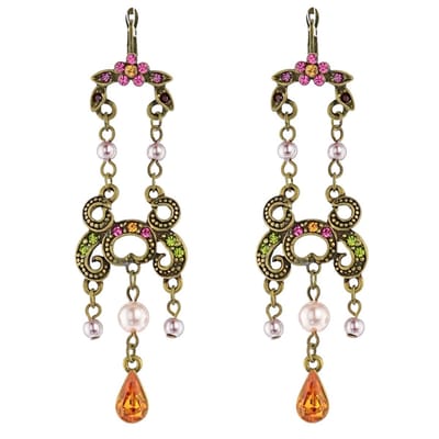 Behave Oorbellen hangers vintage goud-kleur roze groen 7 cm