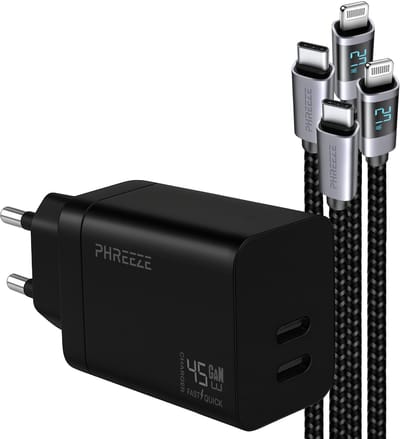 Snellader geschikt voor iPhone en iPad - Usb C power adapter met geschikt voor Lightning kabel - Phreeze usb C Power Delivery oplader 45 W - 1 meter