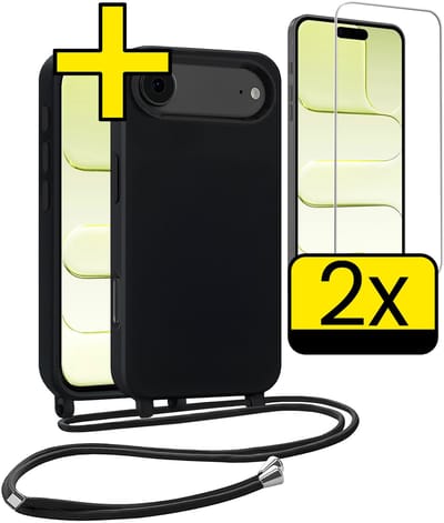 Hoesje Geschikt voor iPhone Air Hoesje Met Koord Met 2x Screenprotector Siliconen Case - Hoes Geschikt voor iPhone Air Backcover Met Afneembaar Koord - Zwart