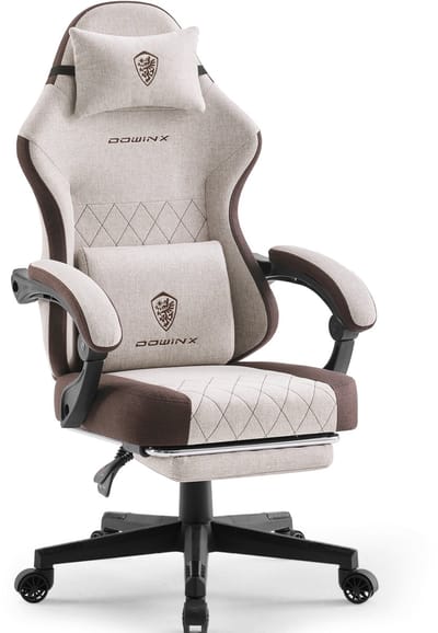 Dowinx Gamingstoel van stof met pocketvering, massage-lendensteun en voetsteun - ergonomische bureaustoel voor volwassenen - Big & Tall - tot 135 kg - bruin