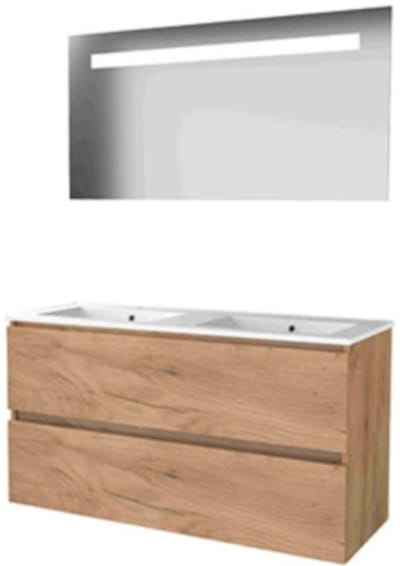 Basic-Line Economic 46 Badkamermeubelset - 120 x 46 cm - Greeploos - 2 Lades - Keramische Wastafel - 2 Kraangaten - Spiegel met LED Verlichting - Whisky Oak