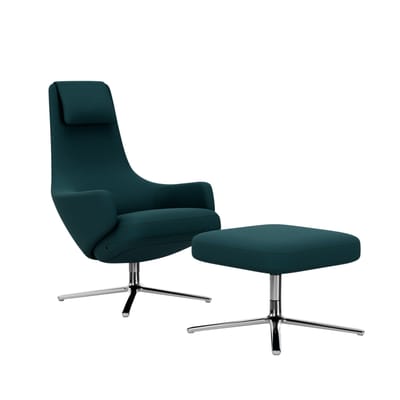 Vitra - Repos Fauteuil & Ottoman - gepolijst aluminium - Cosy2 petrol - Zithoogte 45 cm - groen