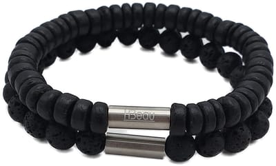 H-Beau - Duo – Cadeau - Set van 2 Handgemaakte Armbanden - Mannen Armband - Breedte: 8mm – Lengte: 21cm - Zwart - Natuurstenen - Natuurkralen - Lavasteen – Kokos – Hout - Kralen - RVS Kraal –Mat – Heren – Unisex - Geschenk