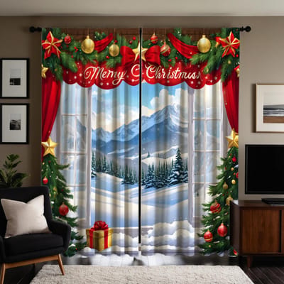 2 stuks HD Kerstactiviteiten Feest verre Sneeuwberg decoratief gordijn Wit lint digitaal bedrukt gordijn Huisdecoratie W52H63inchW132H160cm white