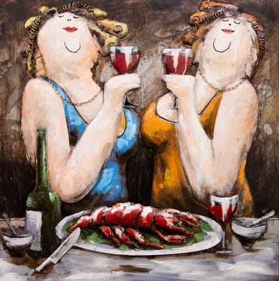 Schilderij - Metaalschilderij - Dikke dames en de gezelligheid, metaal met de hand geschilderd, 80 x 80 cm