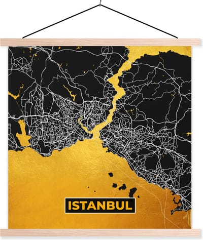 Posterhanger incl. Poster 40x40 cm - Schoolplaat - Istanboel - Goud - Stadskaart - Plattegrond - Kaart - Textielposter - Blanke latten - Stadskaart