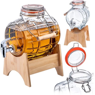 KADAX Vat met kraan, 3 liter, vaasvormige drankdispenser van glas met tapkraan, transparante dispenser met houten onderzetter, alcoholdispenser, ideaal voor whisky, brandy, sappen, limonade