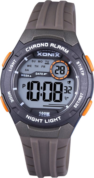 Xonix BBO-005 - Horloge - Polshorloge - Digitaal - Kinderen - Unisex - Rond - Siliconen band - ABS - Schermverlichting - Alarm - Datumaanduiding - Start-Stop - Tweede tijdzone - 12/24H - Chronograaf - Bruin - Grijs - Zwart - Oranje