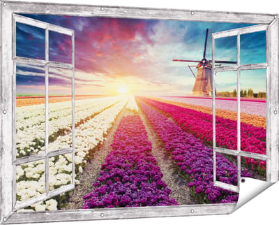 Gards Tuinposter Doorkijk Kleurrijke Tulpen Bloemenveld - Windmolen - 150x100 cm - Tuindoek - Tuindecoratie - Wanddecoratie buiten - Tuinschilderij