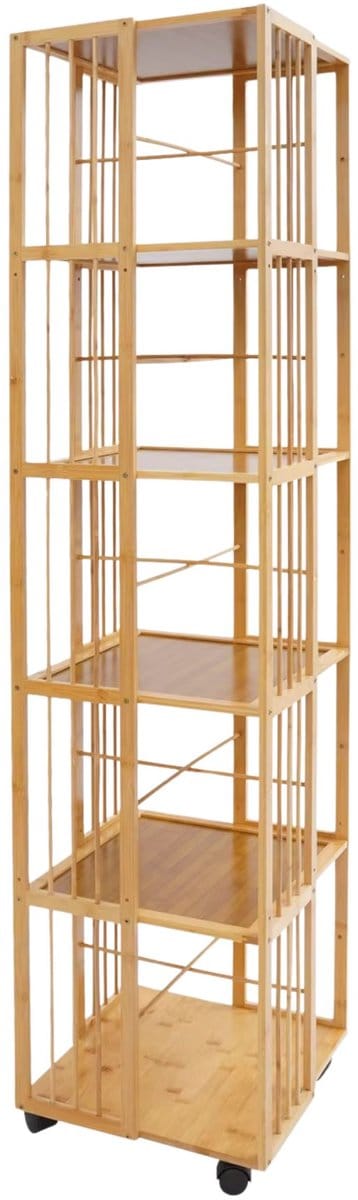 Draaibare boekenplank – Voor boekenopslag – 360° draaiend, meerlaagse toren – Donkerbruin hout (37×37×162 cm)