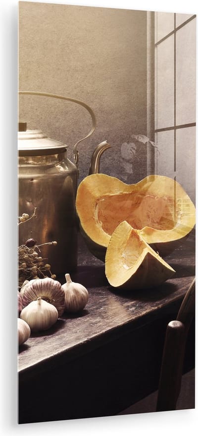 MuchoWow® Glasschilderij 60x120 cm - Schilderij acrylglas - Stilleven - Pompoen - Knoflook - Pan - Tafel - Foto op glas - Muurdecoratie woonkamer - Wanddecoratie slaapkamer - Schilderijen